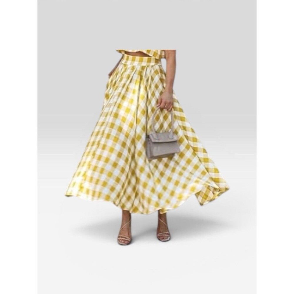 MABLE Plaid Gingham Skirt Flared Size Medium Checkered Picnic Yellow White - Picture 10 of 10